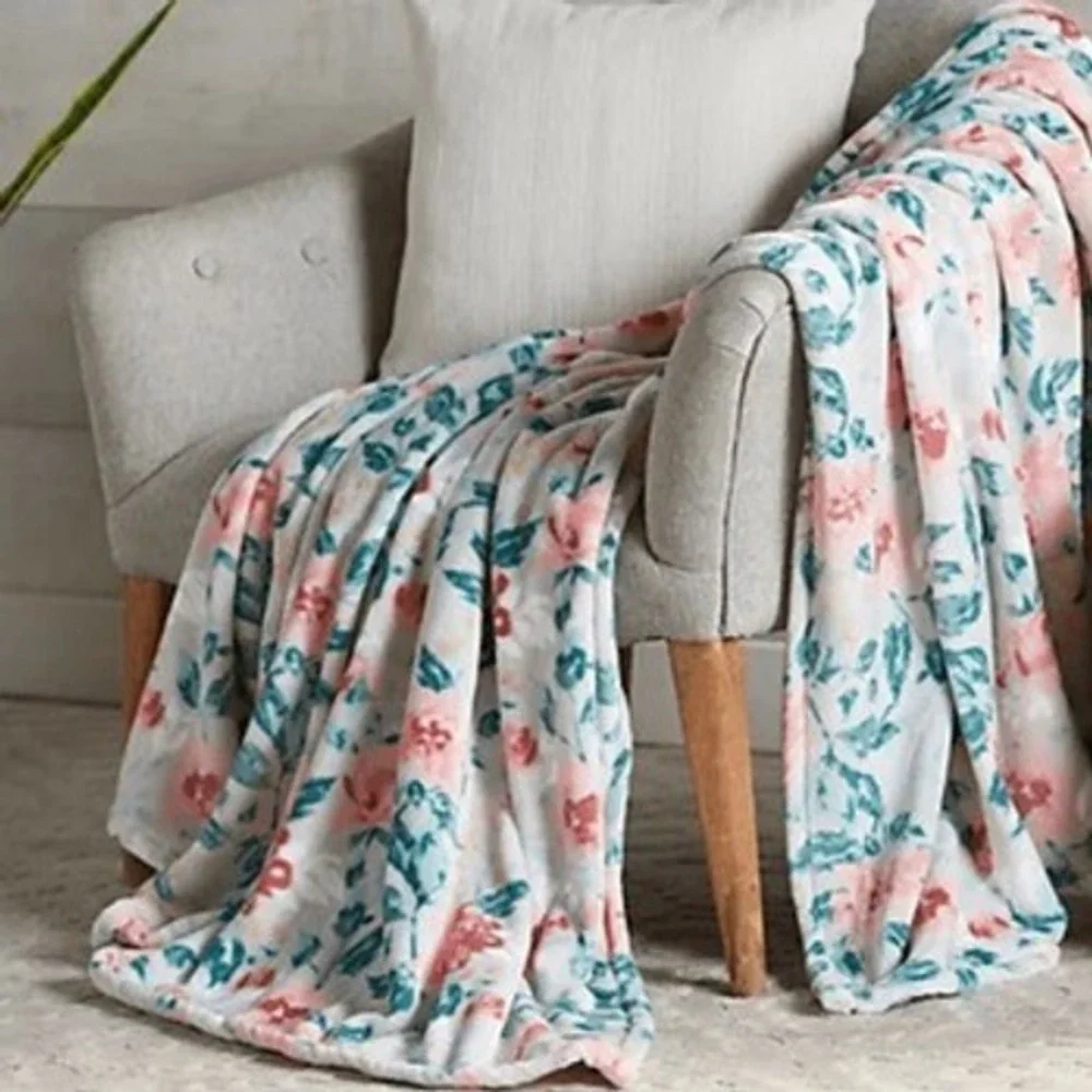 Berkshire Blanket‎ Home SHR Oversized Plush Spring Garden Throw Pink Teal 60x70